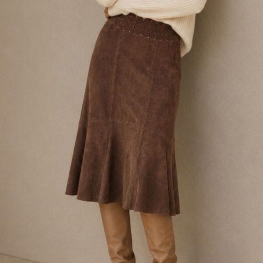 Cabi Women’s size 2 Brown Suede Trumpet Style Midi Skirt Boho Western Lux EUC